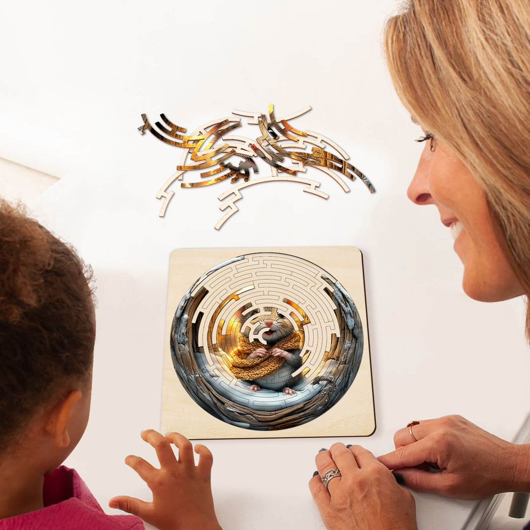 A child and adult enjoying the Maze Puzzles—Cute Mouse, focusing on puzzle pieces and enhancing cognitive skills.