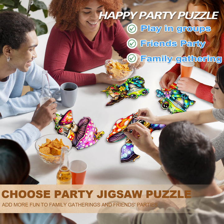 Group of friends enjoying the Party Puzzle-Frog Family jigsaw puzzle at a gathering, boosting fun and creativity.