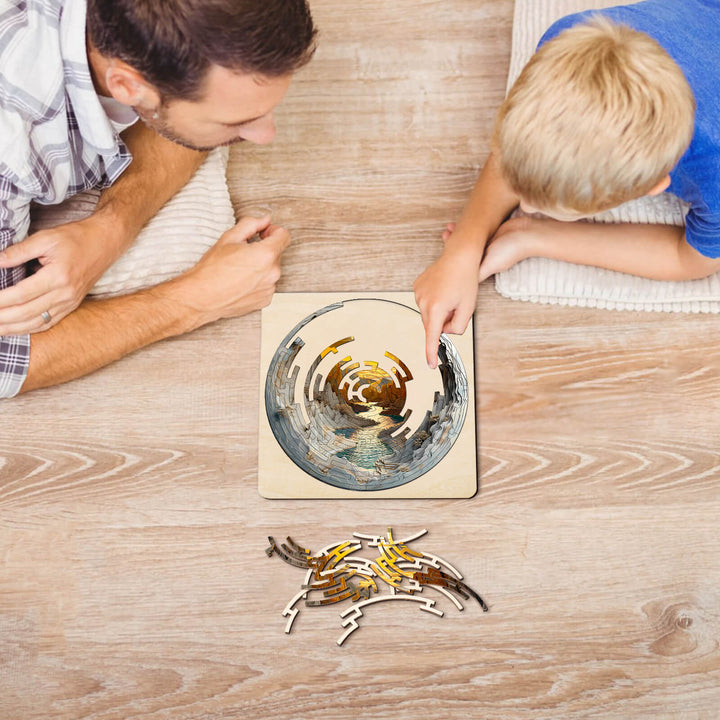 A father and son enjoy solving the Maze Puzzles—Golden River, enhancing focus and cognitive skills together.