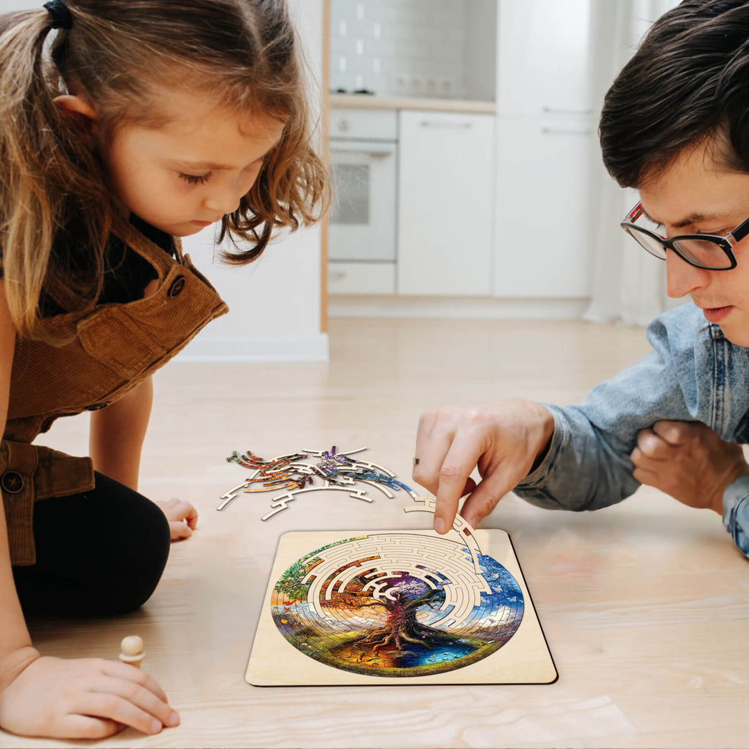 Father and daughter enjoying the Maze Puzzles—Colorful Tree of Life, enhancing focus and smart thinking.