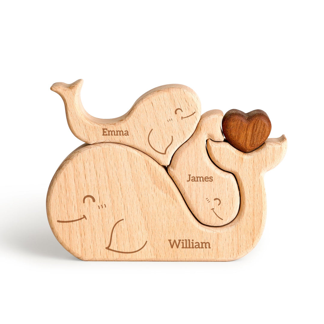 Customized wooden whale family name puzzle with carved names, perfect for family decor and gifts.
