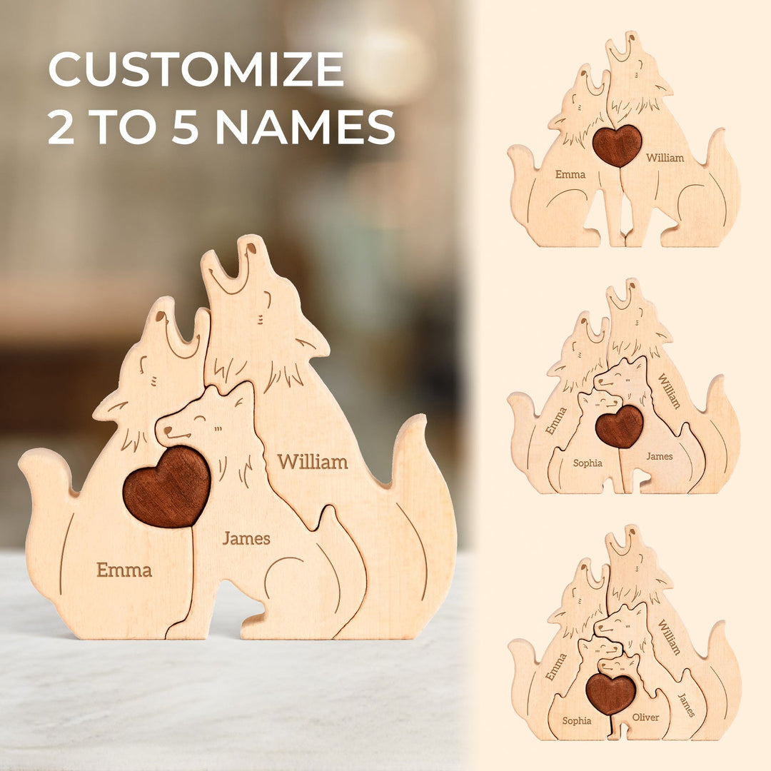 Personalized wooden wolf family puzzle customizable with 2 to 5 names for family decor and gifts.