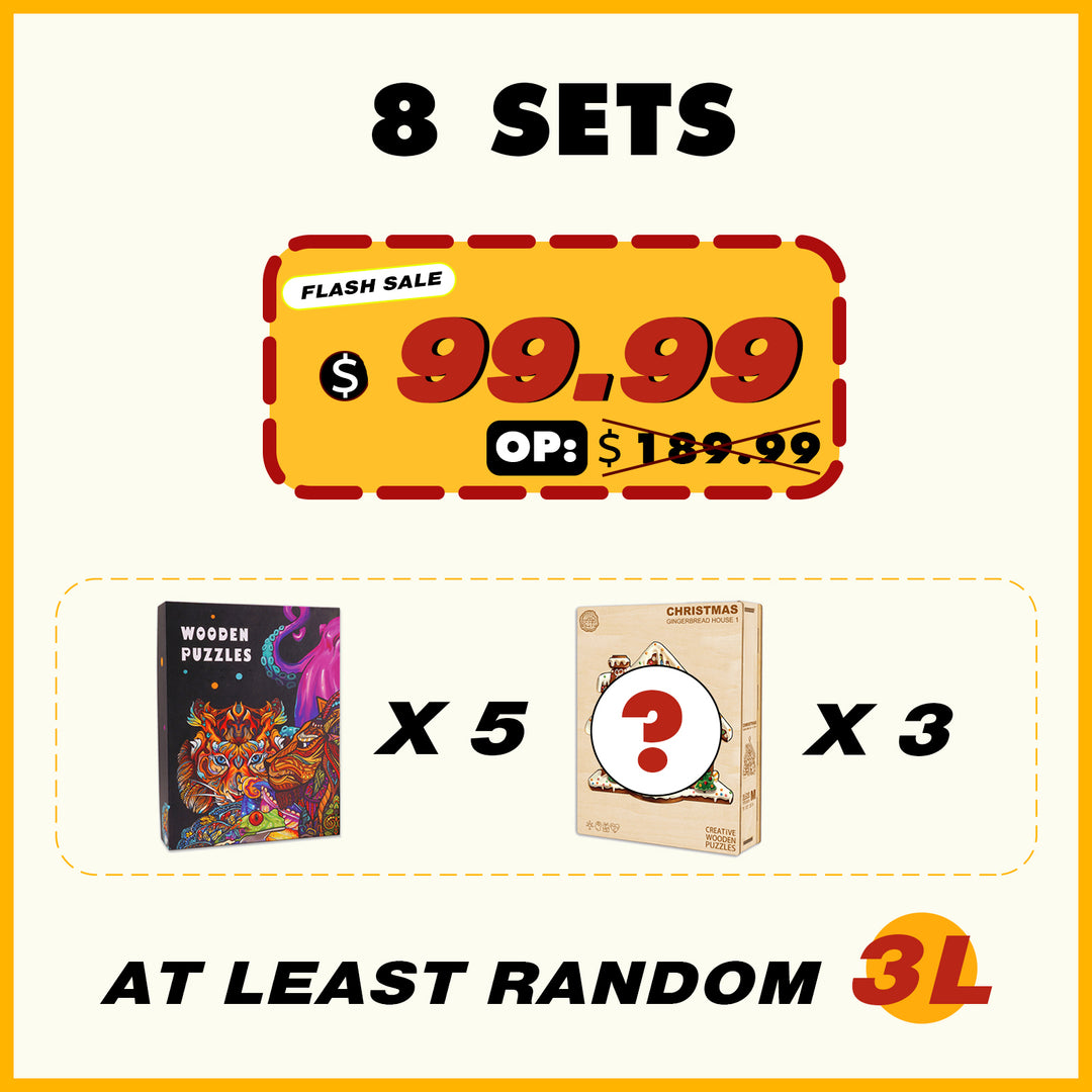 8 random wooden puzzles bundle sale at $99.99, includes 5 wooden puzzles and 3 surprise puzzles.