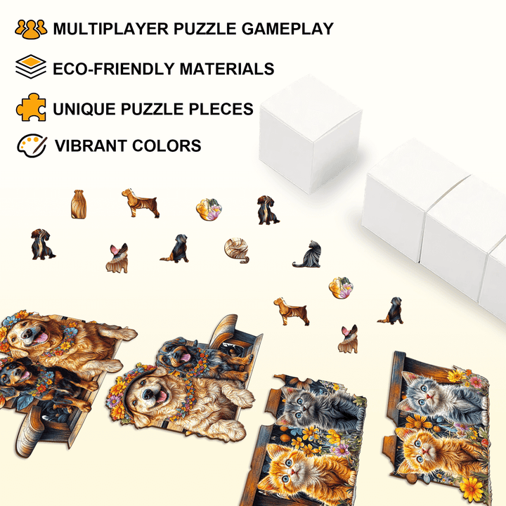 Colorful Pets on the Bench puzzle pieces showcasing eco-friendly materials and unique multiplayer gameplay.