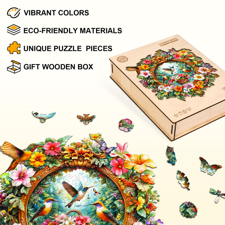 Puzzle en bois Panier de fleurs Colibri