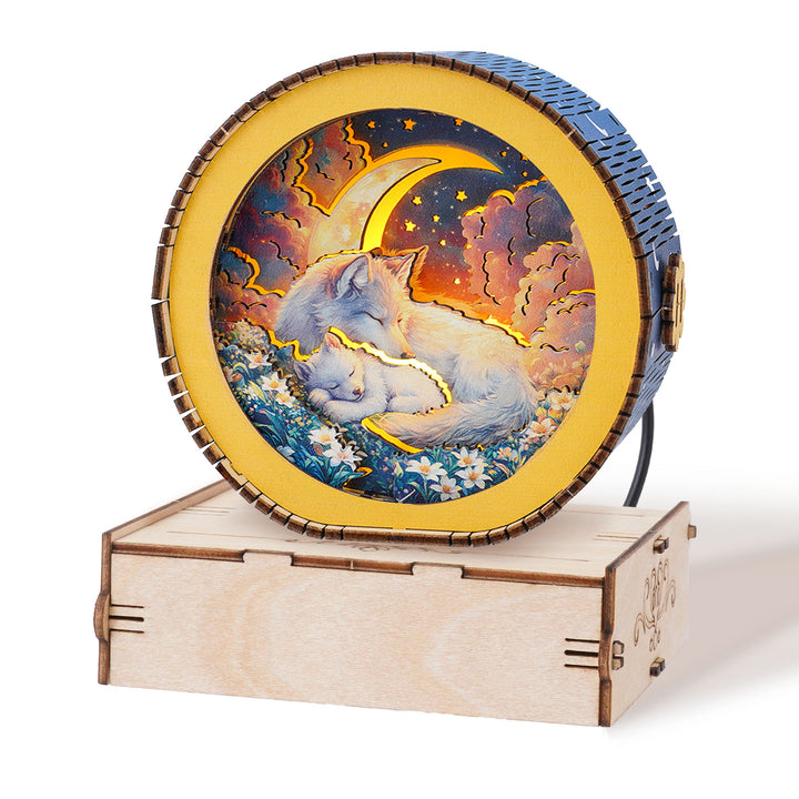 Golden Moon Dream Kit 3D wooden puzzle night light featuring a sleeping wolf and crescent moon design.