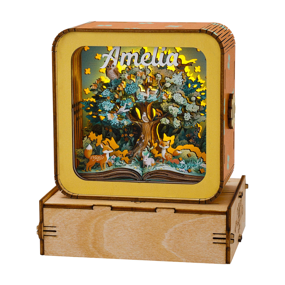 Personalized 3D wooden night light with forest scene and name 'Amelia', perfect for home decor and gifts.