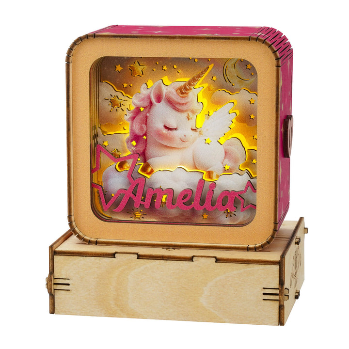 Personalized My Little Pony 3D wooden puzzle night light, featuring a unicorn design and the name 'Amelia'.
