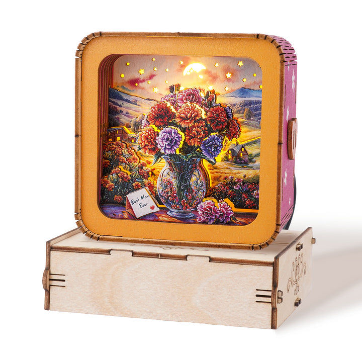 3D wooden puzzle night light featuring a vibrant carnation bouquet in a vase, perfect gift for Mother's Day.