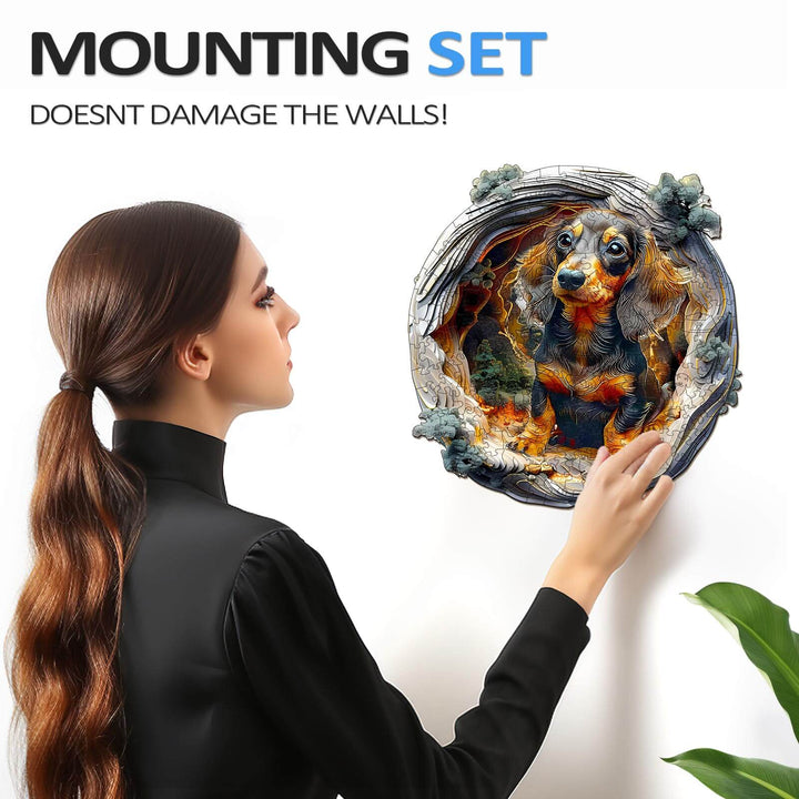 Woman hanging a 3D Dachshund wooden puzzle on a wall using a safe mounting set.