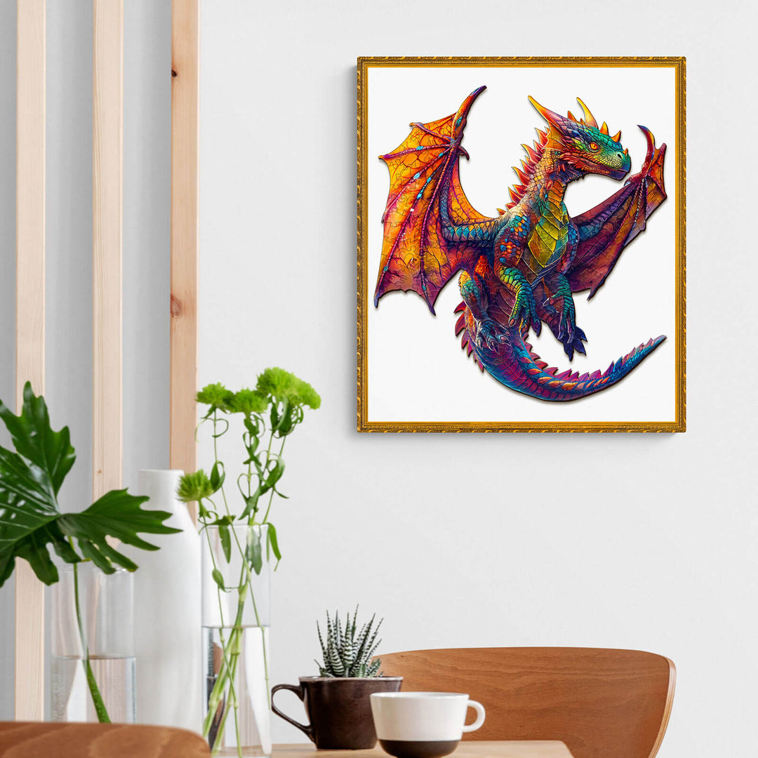 Colorful dragon artwork in a modern living room, showcasing vibrant colors and intricate details.