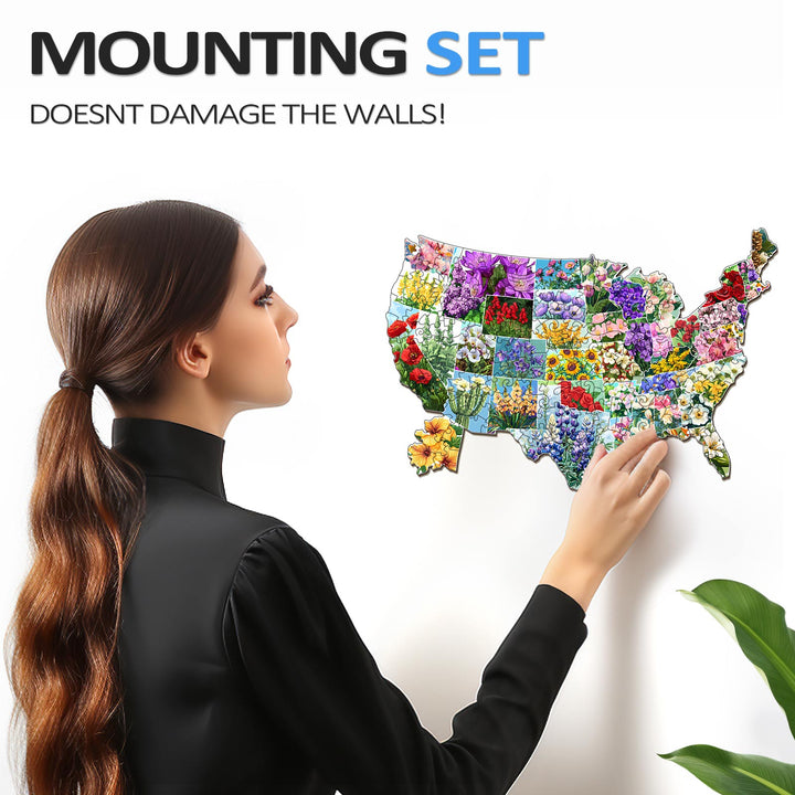 Woman mounting a wooden USA state flowers jigsaw puzzle on the wall with no damage, emphasizing the easy application.