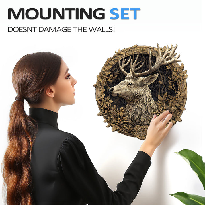 Woman installing a 3D Deer wooden jigsaw puzzle with a mounting set, designed to not damage walls.