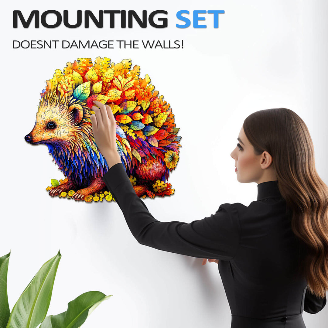 Vibrant Clever Hedgehog wall art installation showcasing mounting set that doesn't damage walls.