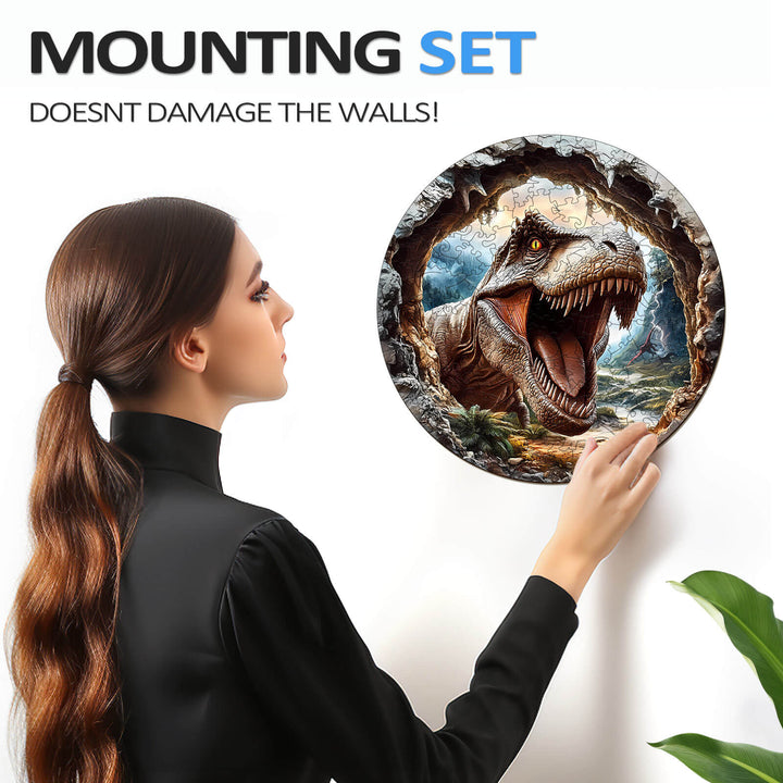 Person mounting a 3D T-Rex puzzle on the wall, showcasing a damage-free hanging solution.