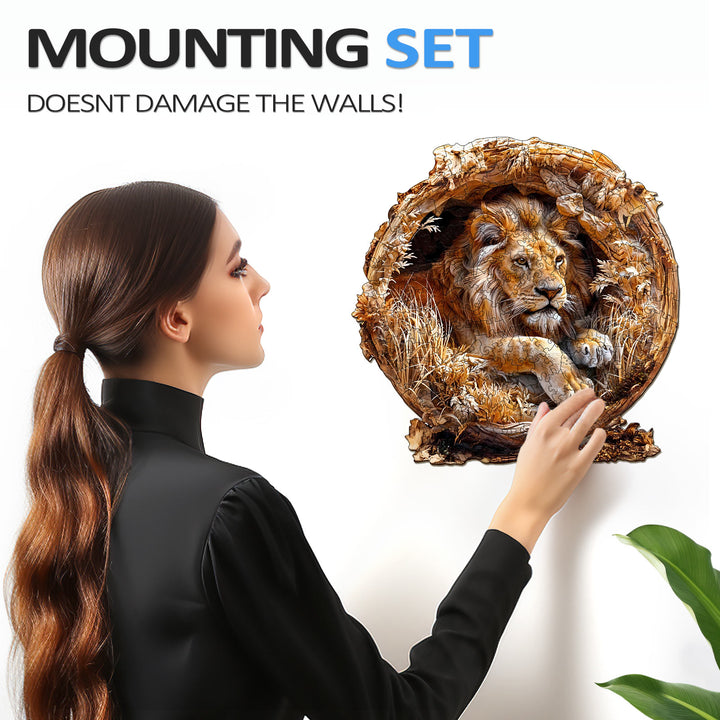 3D Lion wooden jigsaw puzzle with a wall-mounted design, safe for walls, enhancing decor and focus.