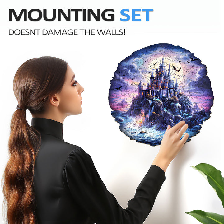 Woman holding Mysterious Castle Wooden Jigsaw Puzzle with mounting set for wall display, showcasing beautiful castle design.