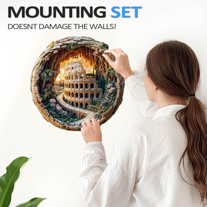 A person mounting a 3D Colosseum wooden jigsaw puzzle on a wall with a set that doesn't damage surfaces.
