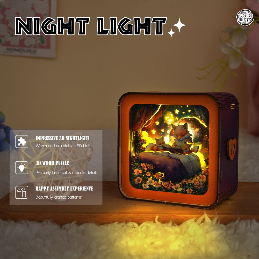 Bedtime Stories Kit 3D wooden puzzle night light with warm LED, creative design, and intricate details for home decor.