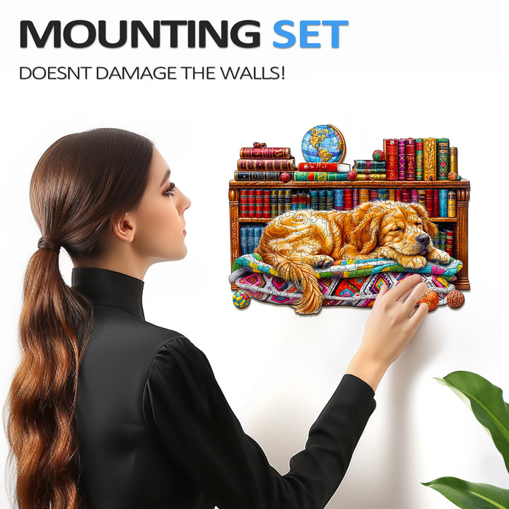Woman mounting a wooden jigsaw puzzle of a sleeping golden retriever on a wall with bookshelves.
