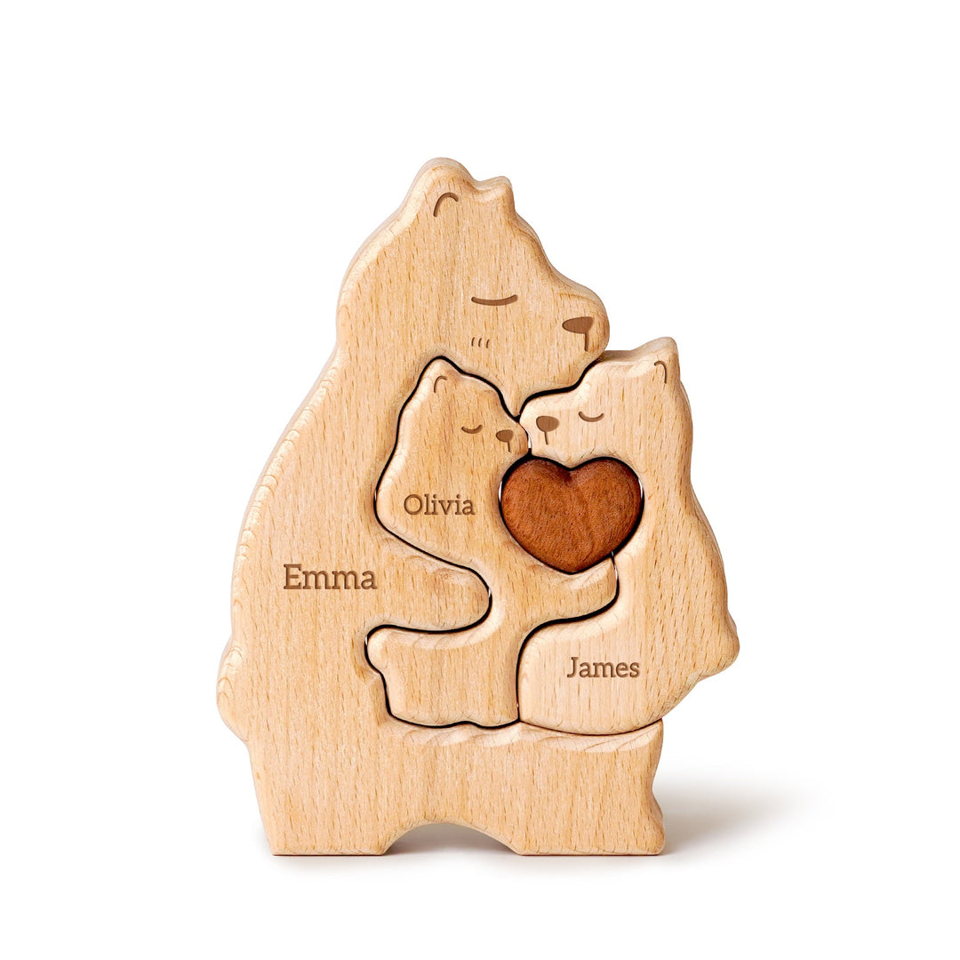 Personalized wooden bear family puzzle with names Emma, Olivia, and James, crafted for family love decor.