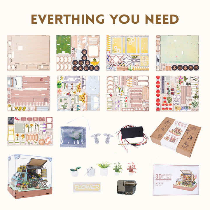 DIY Flower Cart puzzle kit components and assembly instructions for 3D wooden craftsmanship.