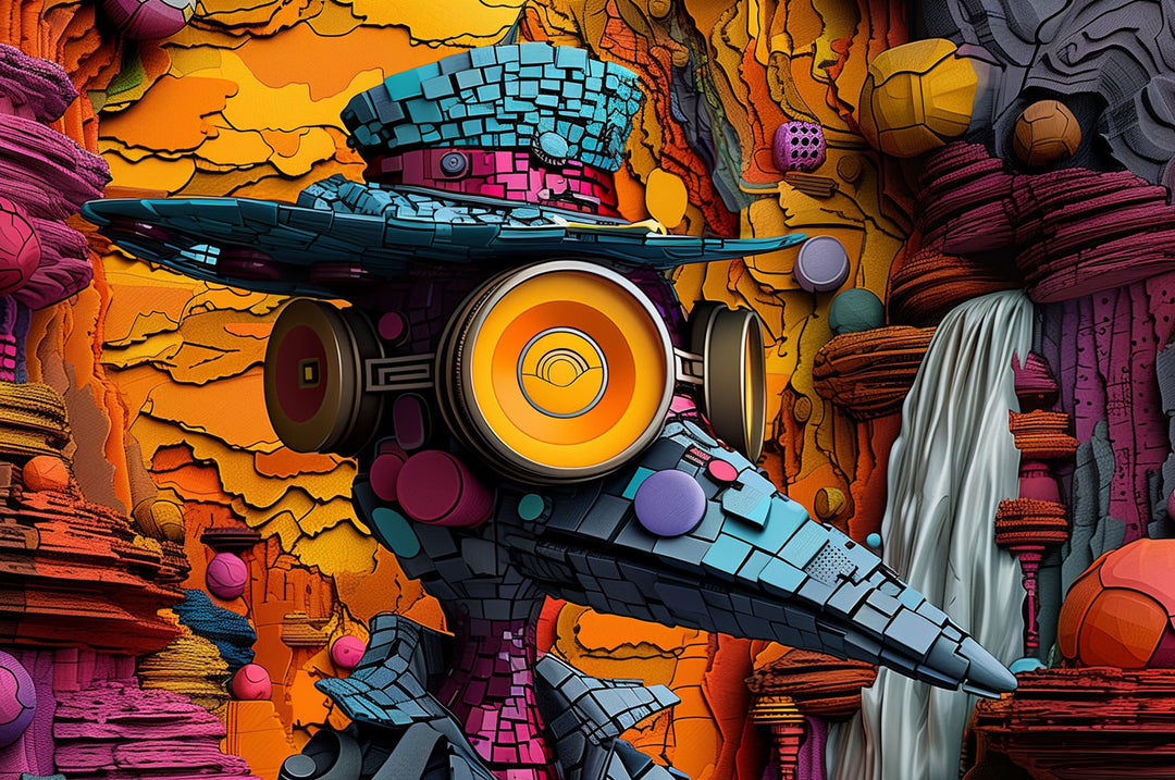 Colorful abstract character with oversized glasses, set against a vibrant, textured background of shapes and colors.