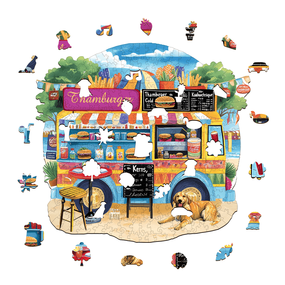 Colorful wooden jigsaw puzzle of a burger food truck with missing pieces, perfect for mind games and puzzle enthusiasts.
