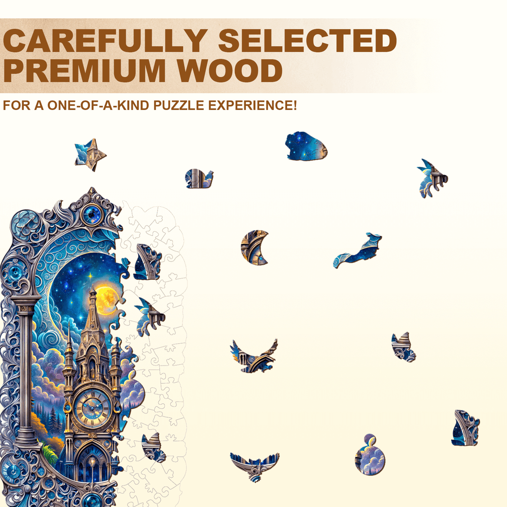 Moonlit clock tower wooden jigsaw puzzle pieces showcasing intricate designs and vibrant colors for a unique puzzle experience.