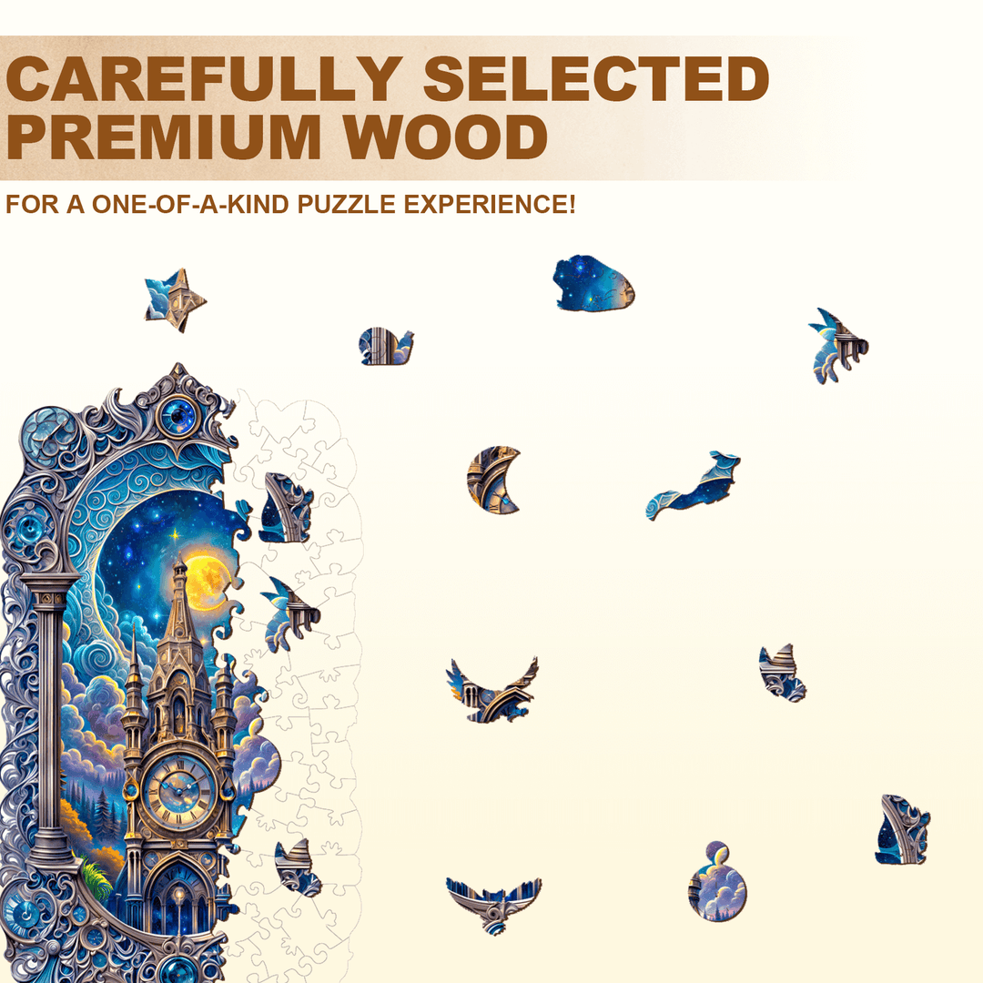 Moonlit clock tower wooden jigsaw puzzle pieces showcasing intricate designs and vibrant colors for a unique puzzle experience.