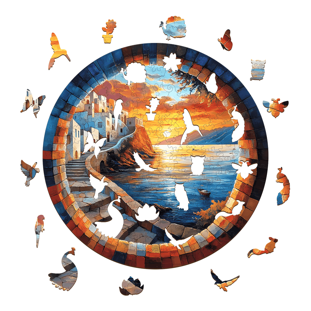 Capri wooden jigsaw puzzle featuring a scenic sunset landscape with colorful pieces and shapes around it.