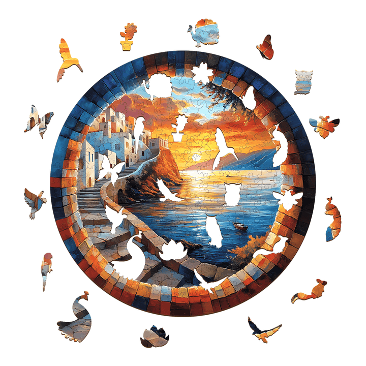 Capri wooden jigsaw puzzle featuring a scenic sunset landscape with colorful pieces and shapes around it.