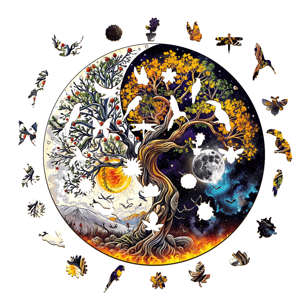 Sun and Moon Tree of Life wooden jigsaw puzzle featuring intricate seasonal designs and colorful pieces for mindful play.