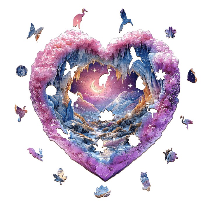 3D Romantic Star wooden jigsaw puzzle featuring a heart-shaped design with a scenic landscape and colorful birds.