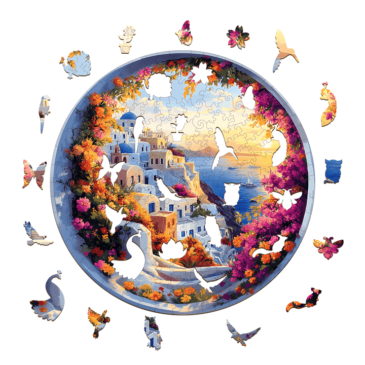 Colorful Santorini wooden jigsaw puzzle with missing pieces, showcasing scenic architecture and nature.