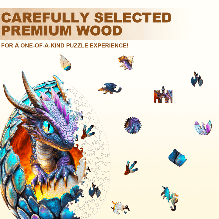 Draconic Rebirth wooden jigsaw puzzle showcasing dragon design and premium wood pieces for a unique puzzle experience.