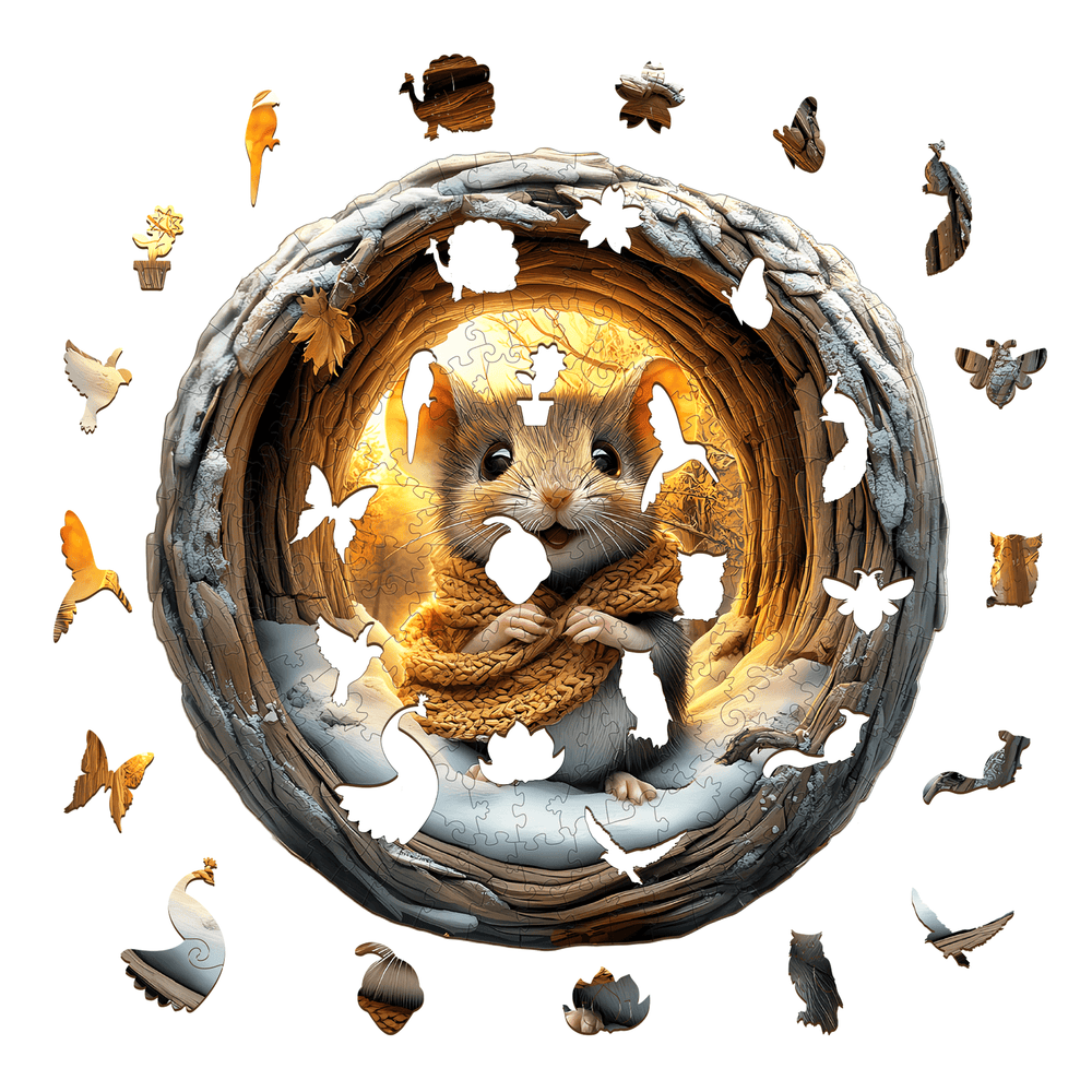 3D Cave Mouse Wooden Jigsaw Puzzle featuring a mouse in a cozy nest surrounded by colorful pieces, perfect for mind games and focus.