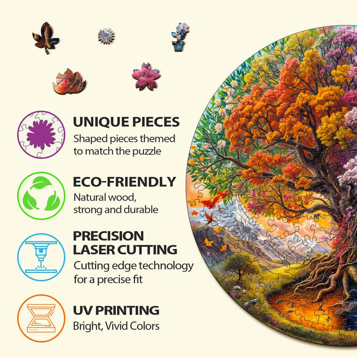 Seasonal Tree of Life-1 wooden jigsaw puzzle with unique pieces, eco-friendly materials, precision laser cutting, and UV printing.