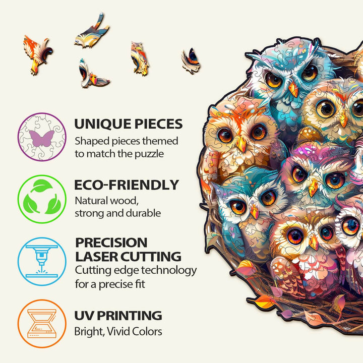 Baby Owls wooden jigsaw puzzle featuring unique pieces, eco-friendly materials, precision laser cutting, and vibrant UV printing.