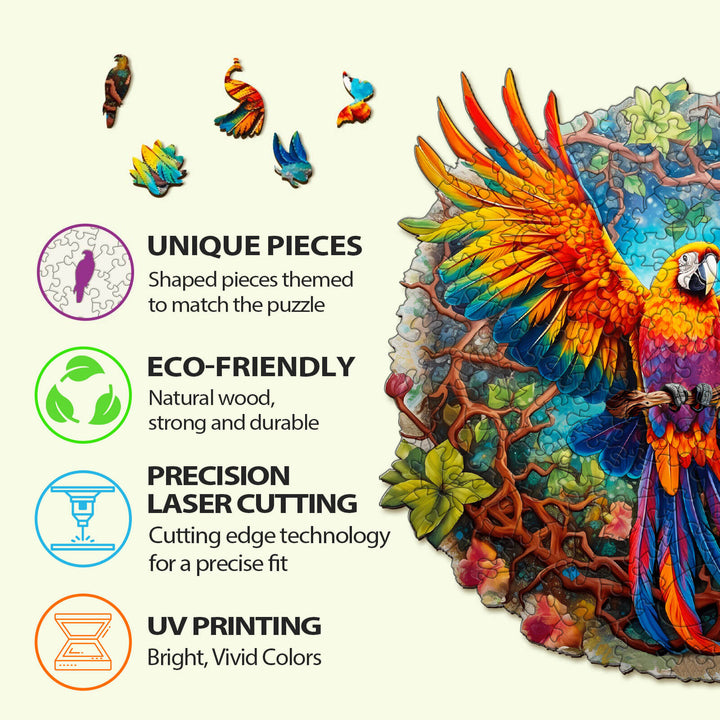 Curious Parrot Wooden Jigsaw Puzzle features unique shaped pieces, eco-friendly materials, and vibrant UV printing.