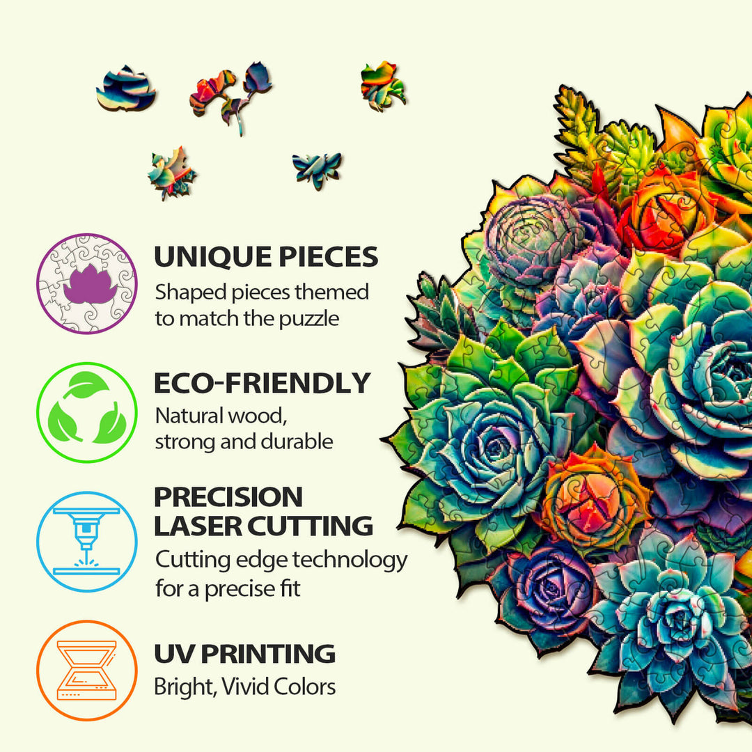 Succulent Plants-3 wooden jigsaw puzzle features unique pieces, eco-friendly materials, precision laser cutting, and UV printing.