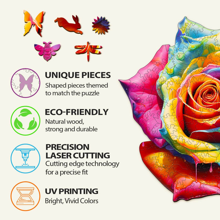Colorful Rose Wooden Jigsaw Puzzle features unique eco-friendly pieces, precision laser cutting, and bright UV printing.