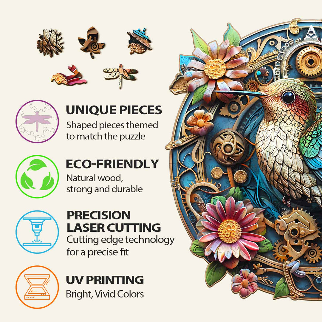 Graceful hummingbird-2 wooden jigsaw puzzle features unique eco-friendly pieces, precision laser cutting, and vibrant UV printing.