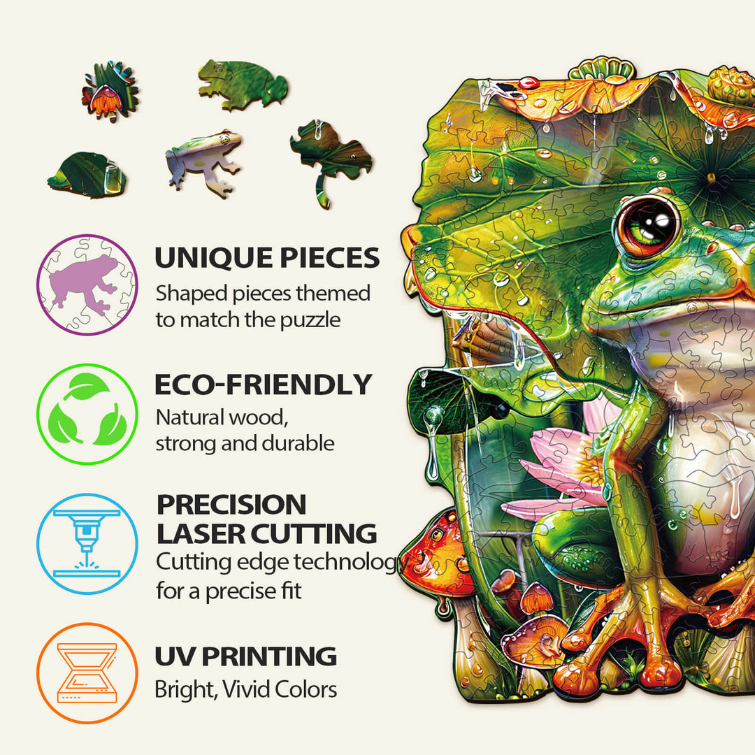 Frog Wooden Jigsaw Puzzle features unique eco-friendly pieces, precision laser cutting, and vibrant UV printing for a fun challenge.