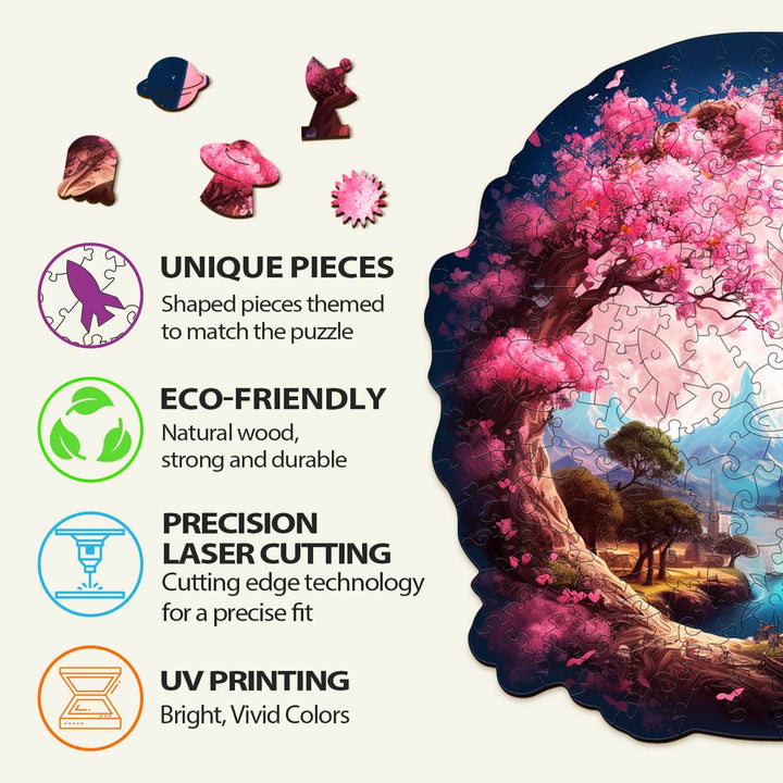 Beautiful moon wooden jigsaw puzzle features unique pieces, eco-friendly materials, precision laser cutting, and UV printing.