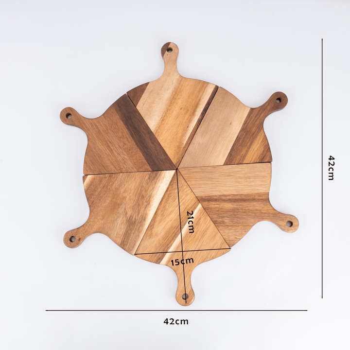 Acacia wood pizza serving tray with unique split design, measuring 42cm, ideal for sharing pizza at family gatherings.