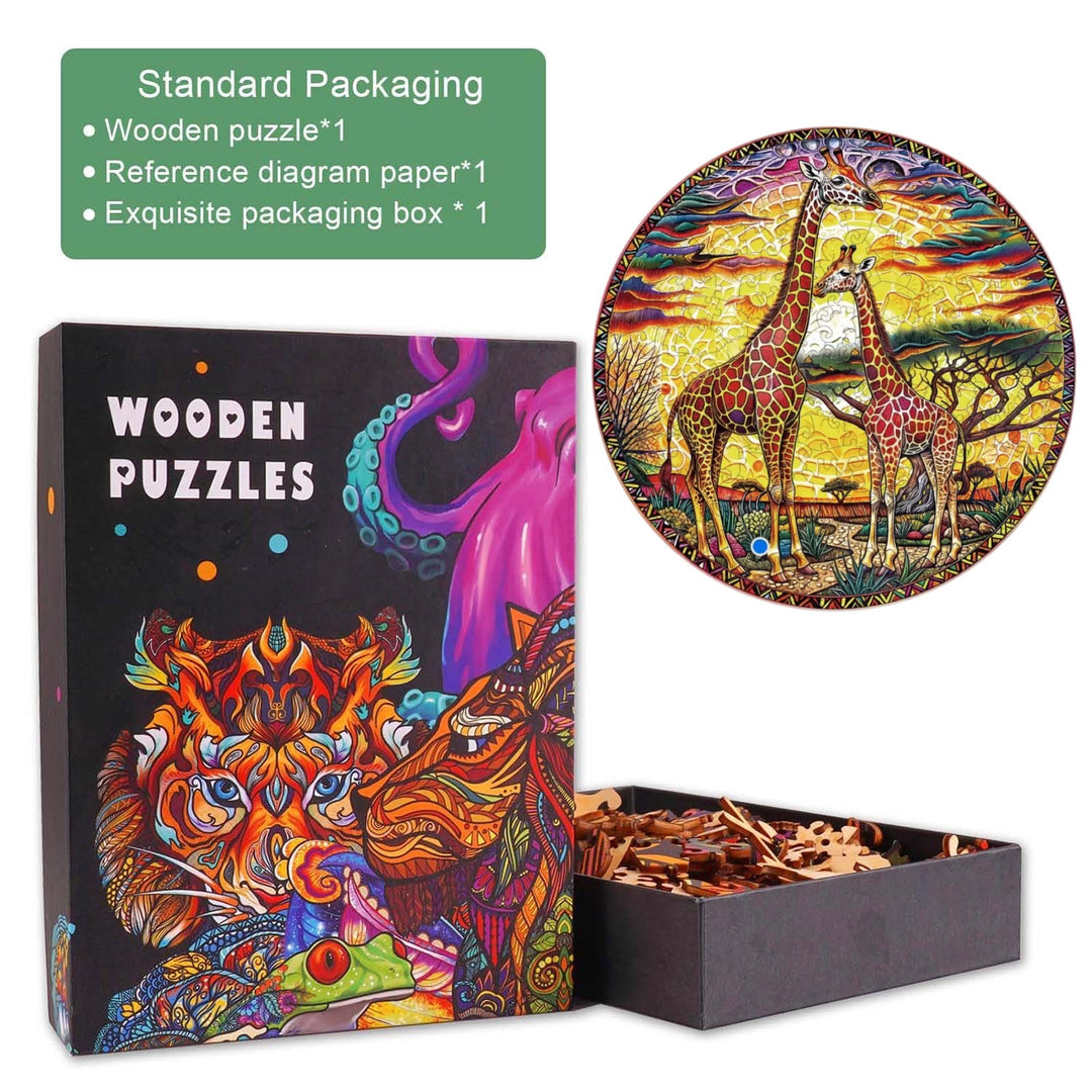 Giraffe wooden jigsaw puzzle in colorful packaging, includes puzzle pieces and reference diagram for enhanced focus and fun.