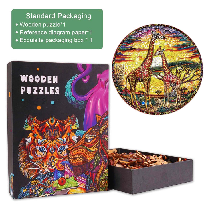 Giraffe wooden jigsaw puzzle in colorful packaging, includes puzzle pieces and reference diagram for enhanced focus and fun.