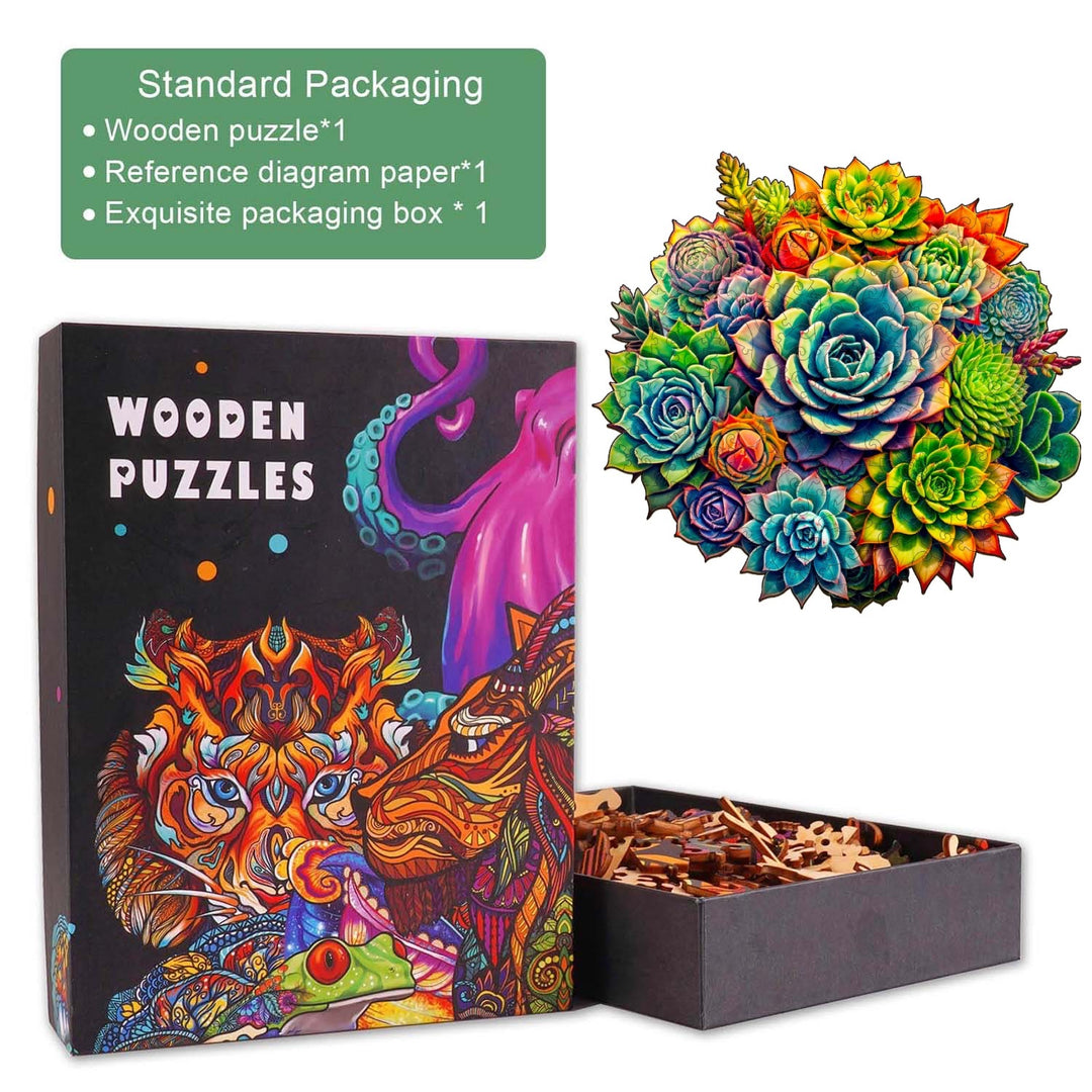 Succulent Plants-3 wooden jigsaw puzzle in colorful packaging for mind games and focus improvement.