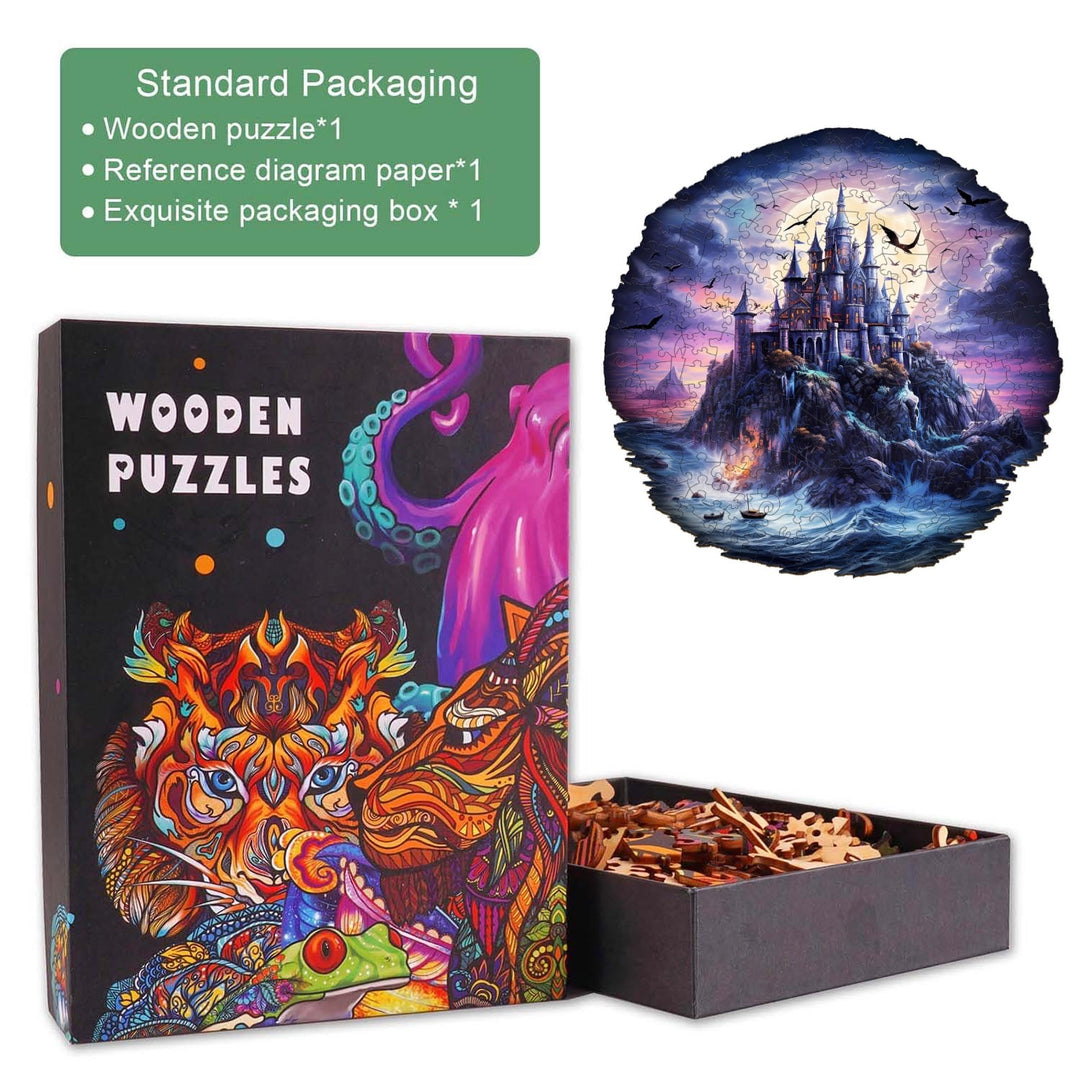 Mysterious Castle Wooden Jigsaw Puzzle featuring an artistic box and intricate puzzle pieces, perfect for exploring enchanting landscapes.